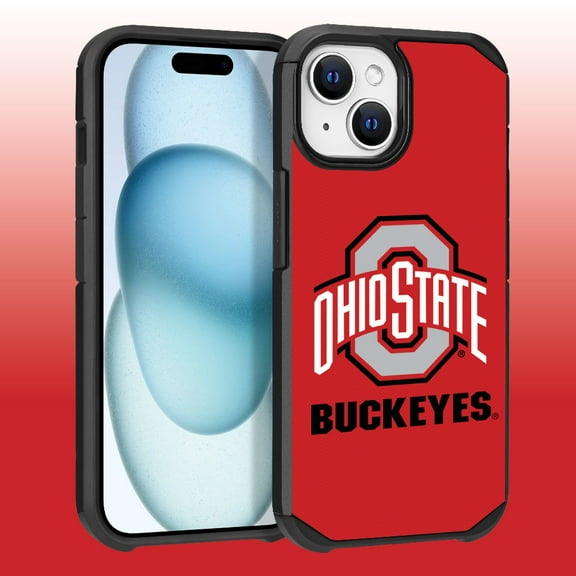 Apple iPhone 15 Plus (6.7) / Apple iPhone 14 Plus (6.7) - Licensed NCAA of Ohio State University Buckeyes Logo on Red Textured Dual Layer Case
