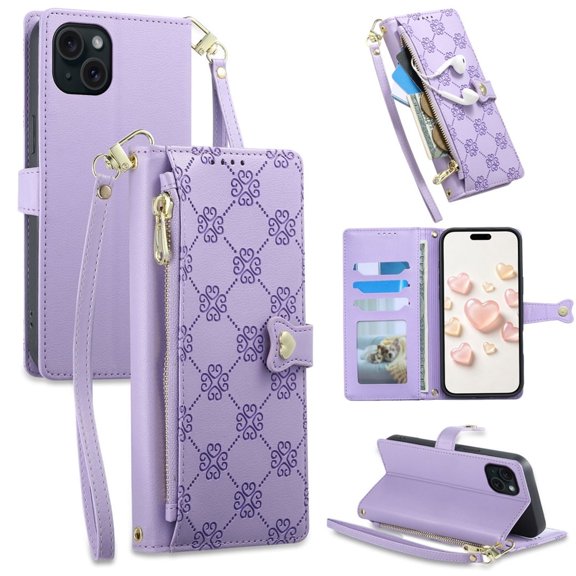 For Apple iPhone 15 Plus 6.7-inch Heart Buckle Wallet Case With Multi-Card Slots Zipper Pocket Detachable Wrist Strap,Shockproof Phone Case,Purple,For iPhone 15 Plus