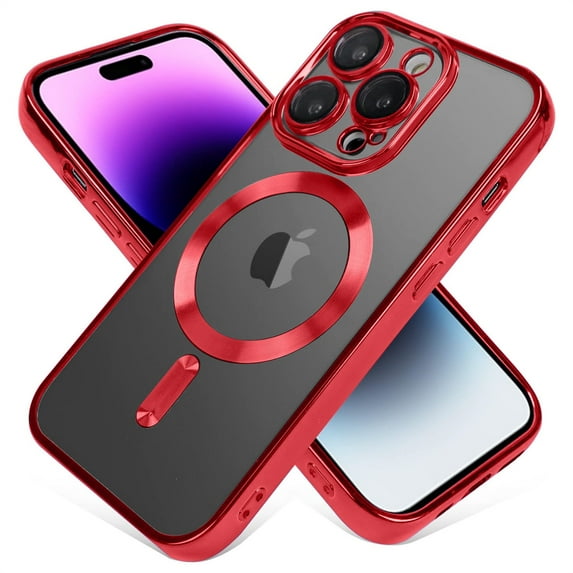 For Apple iPhone 15 Plus 6.7 inch Matte Transparent Chrome Edge Camera Cover Magnetic Car Mount Holder Magsafe Wireless Charging Shockproof Hybrid Case Cover Red