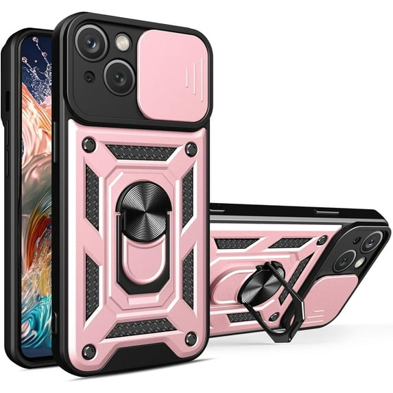 for Apple iPhone 15 Plus Case with Slide Camera Cover for Men, Military Grade Drop Phone Cover Case with Ring Kickstand for iPhone 15 Plus SJ Rose Gold