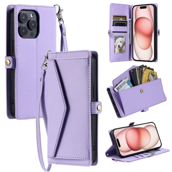 For Apple iPhone 15 Plus Case Wallet, Cards Holder RFID Blocking Crossbody Shoulder Strap Hand Wrist Bumper Shockproof Flip Cover Stand Protective PU Leather Phone Case for iPhone 15 Plus, Purple