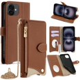 thumbnail image 1 of For Apple iPhone 15 Plus PU Leather Wallet Case Magnetic Flip Cover Multi-Card Slots Zipper Pocket With Hidden Makeup Mirror，Detachable Metal Shoulder Strap,Brown,For iPhone 15 Plus, 1 of 7