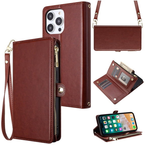 For Apple iPhone 15 Pro (6.1") Purse Style Wallet Credit Card ID Money Holder with Zipper Storage & Adjustable Lanyard Cover ,Xpm Phone Case [ Brown ]