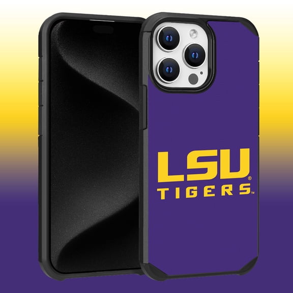 Apple iPhone 15 Pro Max (6.7) - Licensed NCAA University of LSU Tigers Logo on Purple Textured Dual Layer Case