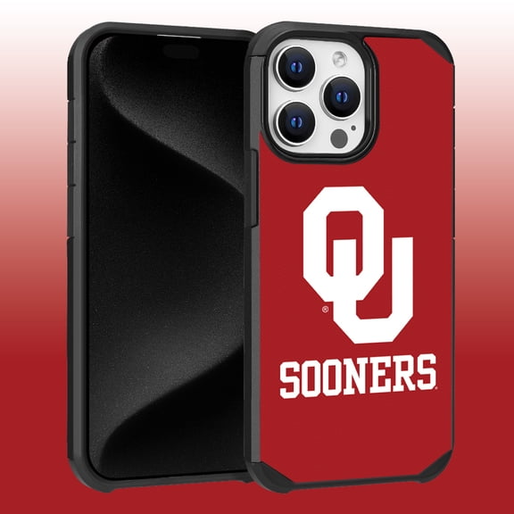 Apple iPhone 15 Pro Max (6.7) - Licensed NCAA University of Oklahoma Sooners Logo on Red Textured Dual Layer Case