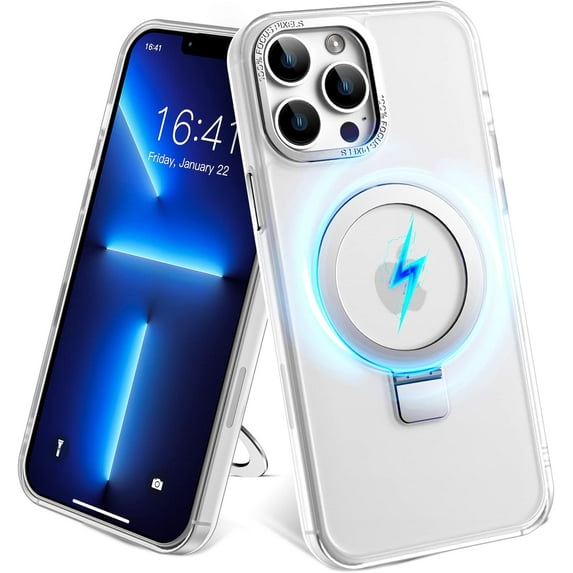 For Apple iPhone 15 Pro Max 6.7 inch Matte Transparent Metal Edge Camera Cover Magnetic Rind Stand Car Mount Holder Magsafe Wireless Charging Shockproof Hybrid Case Cover Clear