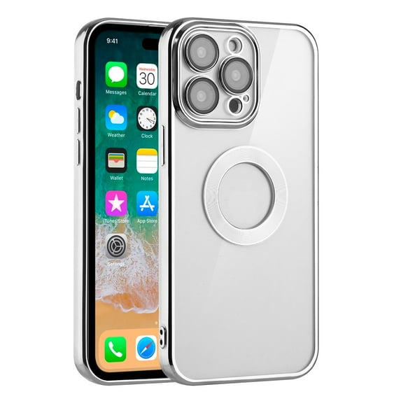 For Apple iPhone 15 Pro Max 6.7 inch Transparent Chrome Edge Camera Cover Magnetic Car Mount Holder Magsafe Wireless Charging Shockproof Hybrid Case Cover Silver