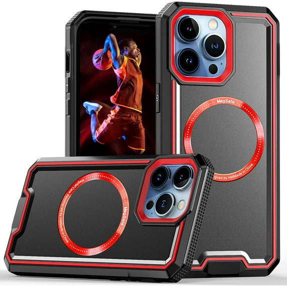 for Apple iPhone 15 Pro Max Case Compatible with MagSafe, Dual Layer Protection Rubber Cover Phone Case with Wireless Charging for iPhone 15 Pro Max YJ Black Red