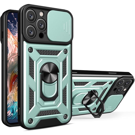 for Apple iPhone 15 Pro Max Case with Slide Camera Cover for Men, Military Grade Drop Phone Cover Case with Ring Kickstand for iPhone 15 Pro Max SJ Green