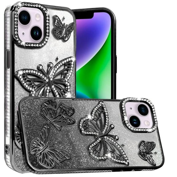 For Apple iPhone 15 Pro Max Luxury Butterfly Sparkle Glitter Diamond Crystal Rhinestone Shimmer Bling Plating Thick TPU Hard PC Cover, XPM Phone Case [Black]