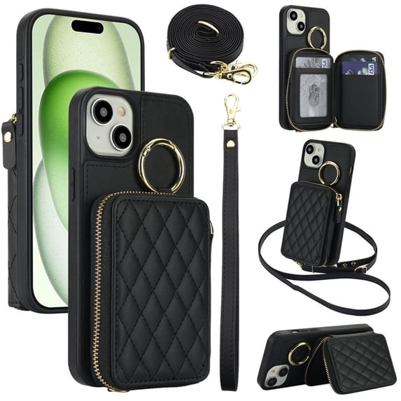 For Apple iPhone 15 RFID Blocking Wallet Case Magnetic Flip Cover Multi-Card Slots Zipper Pocket With Ring Clasp Detachable Shoulder Strap And Wrist Strap,Black,For iPhone 15