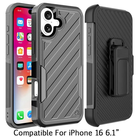 For Apple iPhone 16 (6.1") Combo Hybrid lined with Belt Clip Holster Armor Shockproof Rugged Textured 2in1 Non Slip Tough Cover ,Xpm Phone Case [ Black / Gray ]