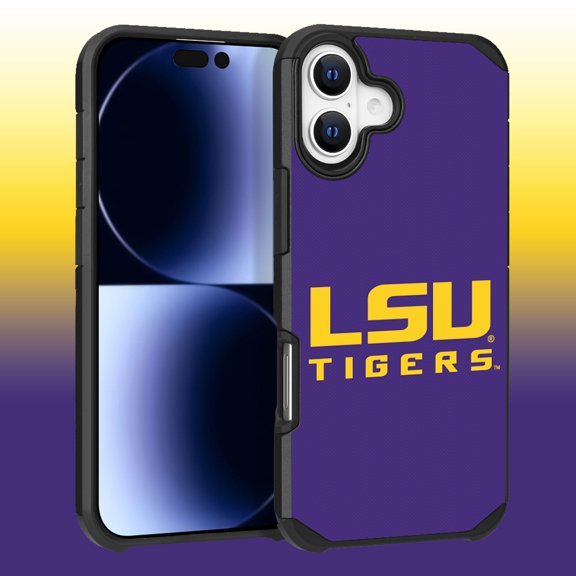 Apple iPhone 16 (6.1) - Licensed NCAA University of LSU Tigers Logo on Purple Textured Dual Layer Case