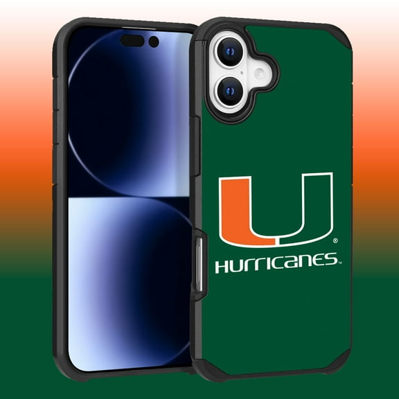 Apple iPhone 16 (6.1) - Licensed NCAA University of Miami Hurricanes Logo on Green Textured Dual Layer Case