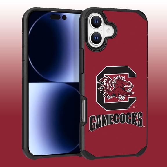 Apple iPhone 16 (6.1) - Licensed NCAA University of South Carolina Gamecocks Logo on Red Textured Dual Layer Case