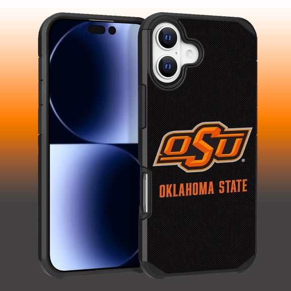 Apple iPhone 16 (6.1) - Licensed NCAA of Oklahoma State University Cowboys & Cowgirls Logo on Orange Textured Dual Layer Case