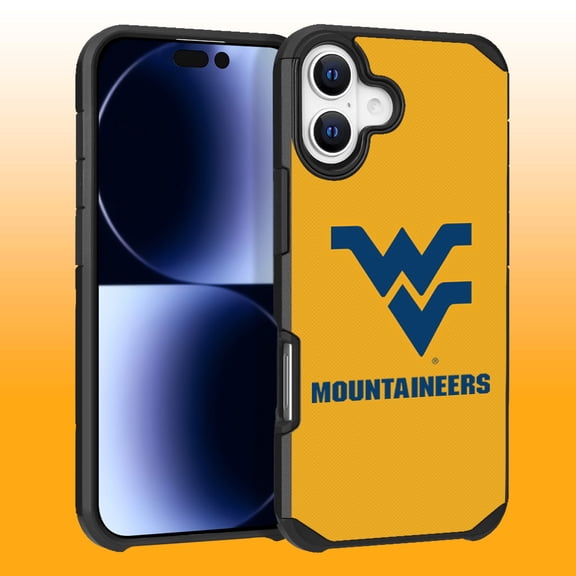 Apple iPhone 16 (6.1) - Licensed NCAA of West Virginia University Moutaineers Logo on Dark Blue Textured Dual Layer Case