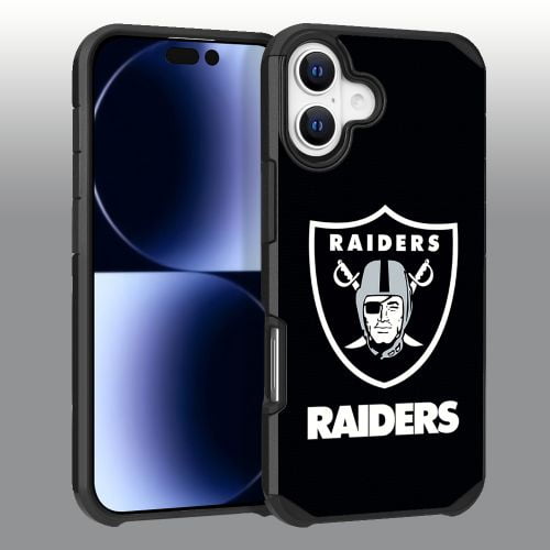 Apple iPhone 16 (6.1) - NFL Licensed Las Vegas Raiders Team Logo on Black Textured Dual Layer Case