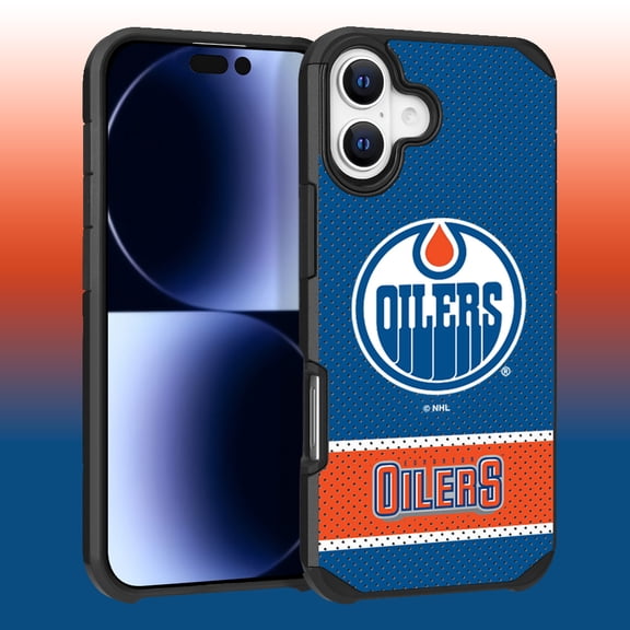 Apple iPhone 16 (6.1) - NHL Licensed Edmonton Oilers Team Logo on Jersey Textured Dual Layer Case