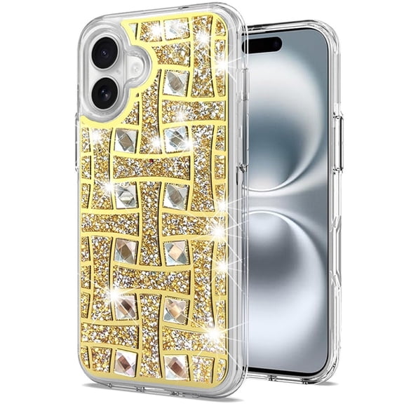 For Apple iPhone 16 (6.1") Sparkly 3D Design Diamond Shockproof Protective Bling Rhinestone Hybrid Skin PC + TPU Cover ,Xpm Phone Case [ Pinwheel Gold ]