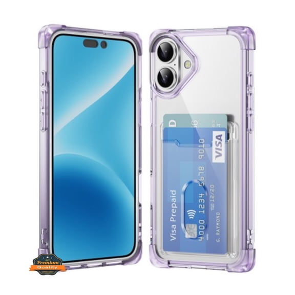 For Apple iPhone 16 (6.1") Wallet Clear Case with Credit Card Holder Rubber Silicone TPU Protection Corner Bumper Shockproof Phone Case Cover by Xpression - Purple