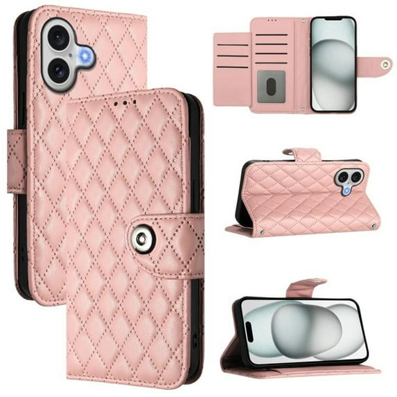 For Apple iPhone 16 Argyle Pattern PU Leather Wallet Case Magnetic Flip Cover 7-Card Slots Pocket With Detachable Wrist Strap,Carol pink,For iPhone 16
