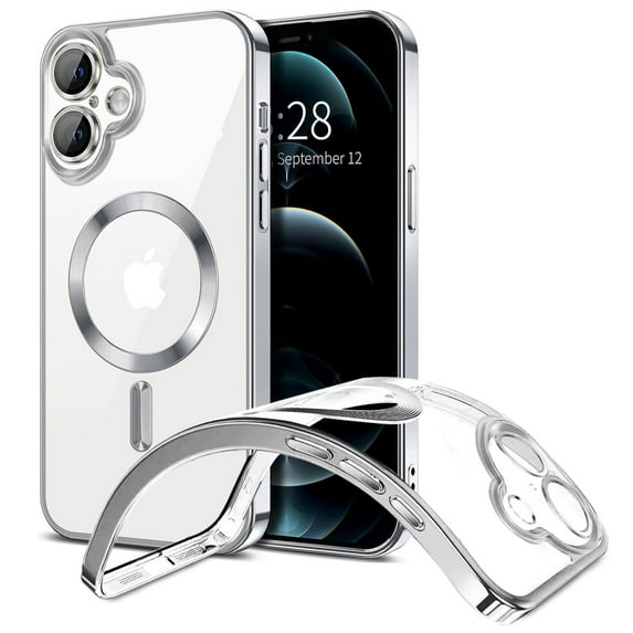 For Apple iPhone 16 Camera Lens Protector Transparent Crystal Clear TPU Magsafe Wireless Charging Car Mount Holder Shockproof Hybrid Case Cover Silver