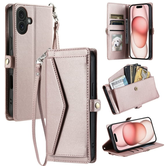 For Apple iPhone 16 Case Wallet, Cards Holder RFID Blocking Crossbody Shoulder Strap Hand Wrist Bumper Shockproof Flip Cover Stand Protective PU Leather Phone Case for iPhone 16, Rosegold
