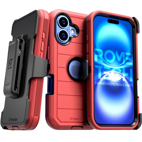Defender Case for iPhone 16e with Belt Clip, Kickstand - Red / Black