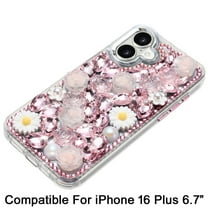 For Apple iPhone 16 Plus (6.7") Case, Fashion Daisy Floral Series, Full 3D Bling Crystal Diamonds Sparkling Rhinestone Glitter Hybrid Design Phone Cover (Pink)