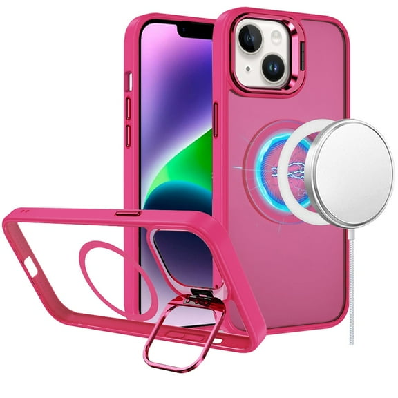 For Apple iPhone 16 Plus (6.7") Case, Heavy Duty Metallic Hybrid Tough TPU with Camera Ring Stand, MagSafe Compatible, Rugged Drop Protection Phone Cover (Hot Pink)