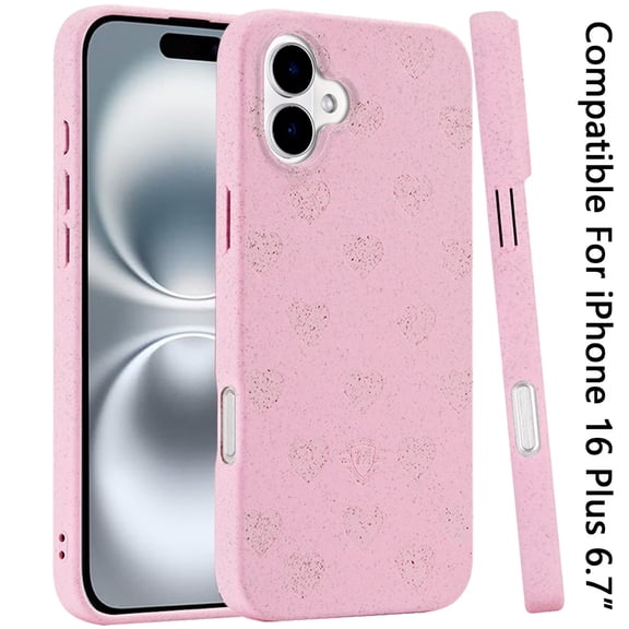 For Apple iPhone 16 Plus (6.7") Eco Friendly Bio-Degradable Design Hybrid Cases Slim Fit Soft TPU Drop Protection Rubber printed Cover, XPM Phone Case [Pink - Hearts]