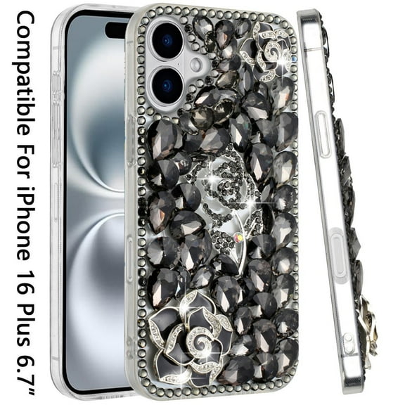 For Apple iPhone 16 Plus (6.7") Flowers Bling Crystal 3D Full Diamonds Pearl Luxury Sparkle Rhinestone Glitter Hybrid Cover, XPM Phone Case [Floral Smoke]
