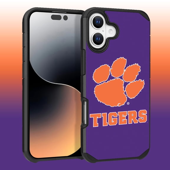 Apple iPhone 16 Plus (6.7) - Licensed NCAA of Clemson University Tigers Logo on Purple Textured Dual Layer Case