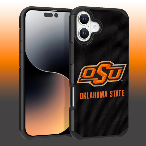 Apple iPhone 16 Plus (6.7) - Licensed NCAA of Oklahoma State University Cowboys & Cowgirls Logo on Orange Textured Dual Layer Case