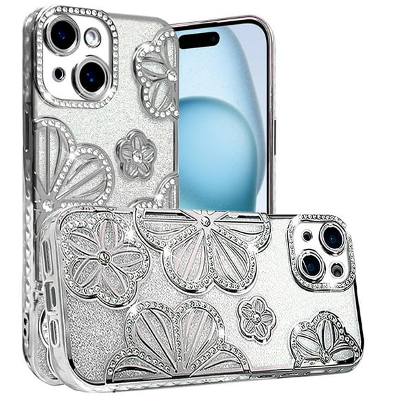For Apple iPhone 16 Plus (6.7") Luxury Floral Design Sparkle Glitter Diamond Crystal Rhinestone Shimmer Bling Plating Thick TPU Hard PC Cover, XPM Phone Case [Flower Silver]