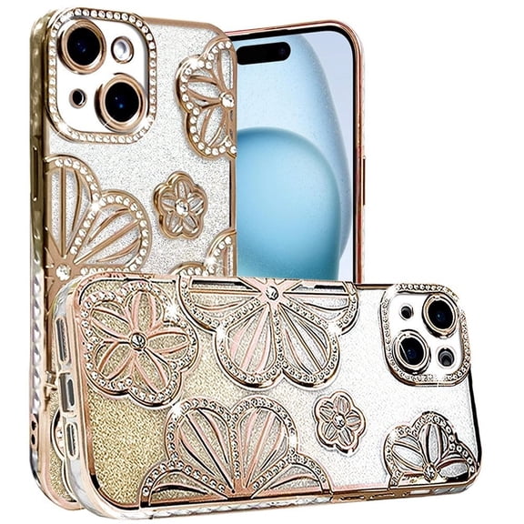 For Apple iPhone 16 Plus (6.7") Luxury Floral Design Sparkle Glitter Diamond Crystal Rhinestone Shimmer Bling Plating Thick TPU Hard PC Cover, XPM Phone Case [Flower Gold]