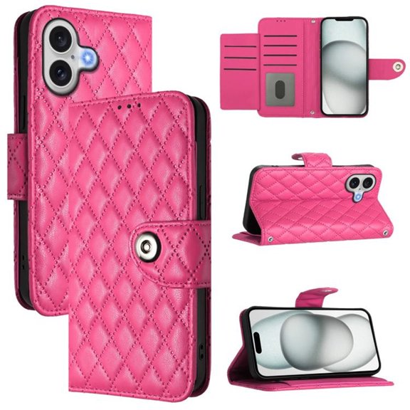 For Apple iPhone 16 Plus Argyle Pattern PU Leather Wallet Case Magnetic Flip Cover 7-Card Slots Pocket With Detachable  Wrist Strap,Rose red,For iPhone 16 Plus
