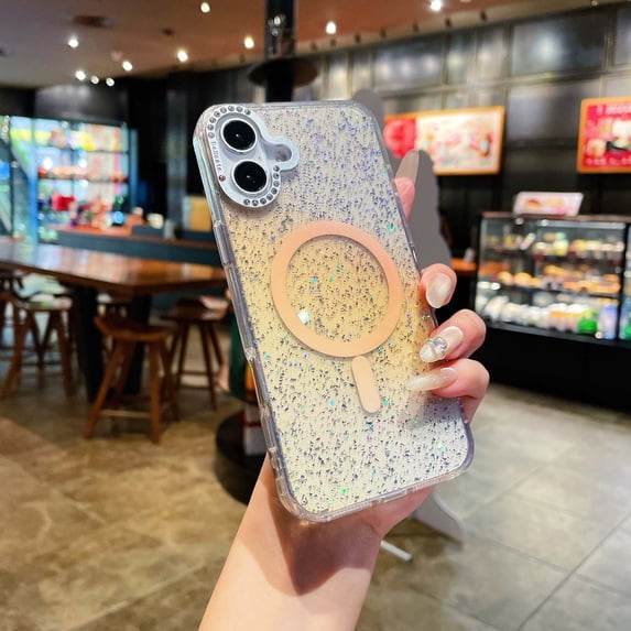 for Apple iPhone 16 Plus Magnetic Case Bling Glitter Sequin Transparent for Women Girl, Compatible with Mag-Safe Cute Slim Crystal Shockproof Case Protective Cover for iPhone 16 Plus,Desertgold
