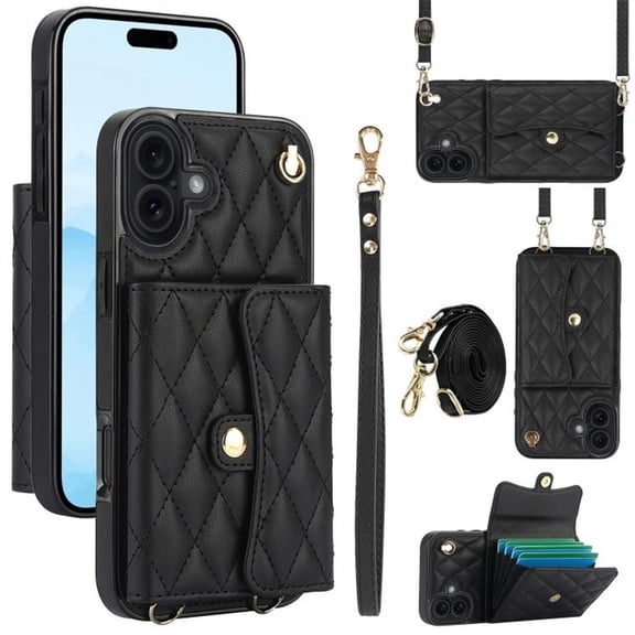 For Apple iPhone 16 Plus RFID Blocking Protective Purse Wallet Case Magnetic Flip Cover Multi-Card Slots Pocket With Detachable Shoulder Strap And Wrist Strap,Black,For iPhone 16 Plus