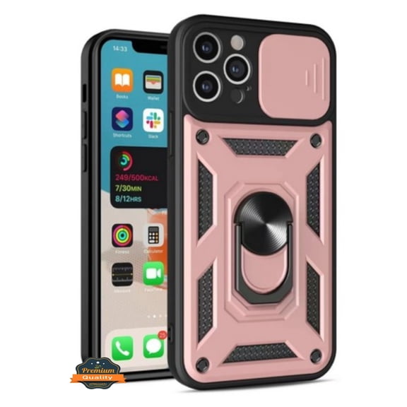 For Apple iPhone 16 Pro (6.3") Built in Sliding Camera Lens Protection & Finger Ring Stand Holder Hybrid PC Shockproof Cover ,Xpm Phone Case [ Rose Gold ]