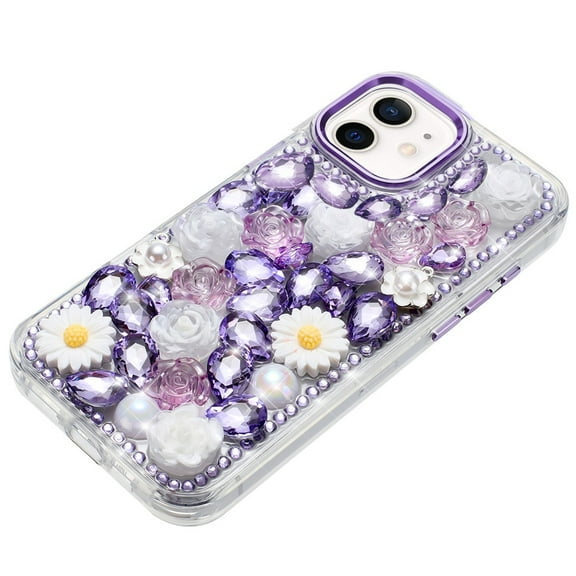 For Apple iPhone 16 Pro (6.3") Case, Fashion Daisy Floral Series, Full 3D Bling Crystal Diamonds Sparkling Rhinestone Glitter Hybrid Design Phone Cover (Purple)