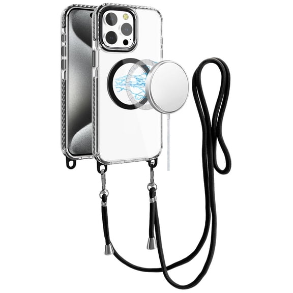 For Apple iPhone 16 Pro (6.3") Clear Magnetic Frame PC Back Shockproof Protective Case with Detachable Lanyard Strap, Compatible with MagSafe Cover, XPM Phone Case [Black]