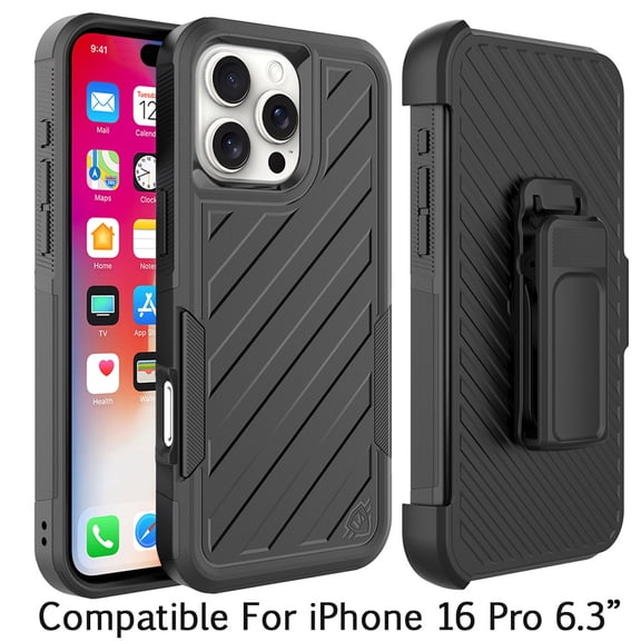 For Apple iPhone 16 Pro (6.3") Combo Hybrid lined with Belt Clip Holster Armor Shockproof Rugged Textured 2in1 Non Slip Tough Cover ,Xpm Phone Case [ Black / Black ]