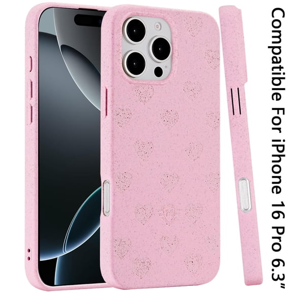 For Apple iPhone 16 Pro (6.3") Eco Friendly Bio-Degradable Design Hybrid Cases Slim Fit Soft TPU Drop Protection Rubber printed Cover, XPM Phone Case [Pink - Hearts]