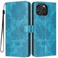 thumbnail image 1 of For Apple iPhone 16 Pro 6.3" Flower Embossed Buckle Case, Card Slots/Pocket, PU Leather Flip Wallet Case With Short Wrist Strap,Blue,For iPhone 16 Pro, 1 of 7