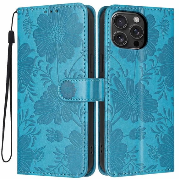 For Apple iPhone 16 Pro 6.3" Flower Embossed Buckle Case, Card Slots/Pocket, PU Leather Flip Wallet Case With Short Wrist Strap,Blue,For iPhone 16 Pro