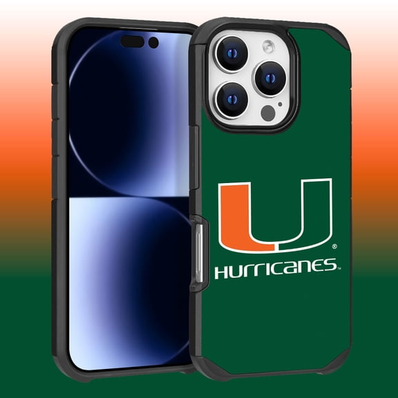 Apple iPhone 16 Pro (6.3) - Licensed NCAA University of Miami Hurricanes Logo on Green Textured Dual Layer Case