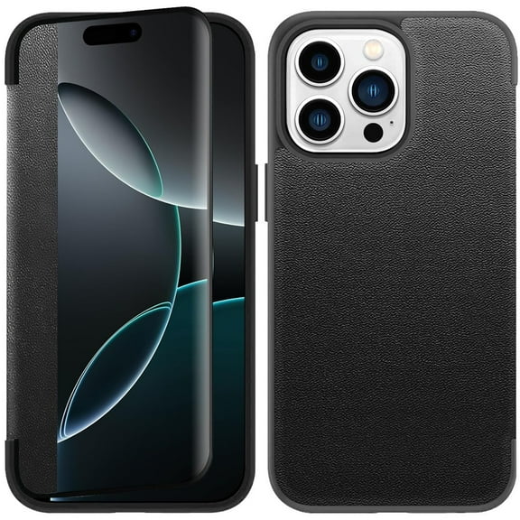 For Apple iPhone 16 Pro (6.3") Slim Fit Luxury PU Leather Clear View Window Flap Full Body Protective Flip Folio Rubber Shockproof Cover ,Xpm Phone Case [ Black ]