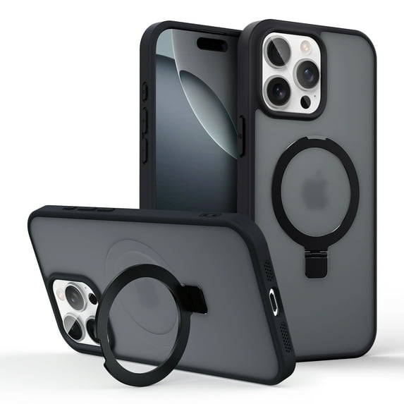 For Apple iPhone 16 Pro Case, Compatible with Magsafe Ring Holder Kickstand Slim Fit Drop Protective Shockproof Anti-Scratch Bumper Rugged Phone Case Cover for iPhone 16 Pro, Black